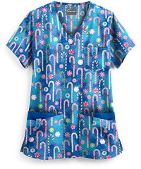 Butter-Soft Winter Candy Royal Women's 5-Pocket Rounded V-Neck Print Scrub Top
