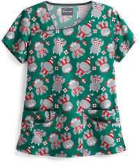 Butter-Soft Holiday Monsters Hunter Women's 4-Pocket Asymmetrical Print Scrub Top