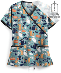 UA Best Buy Scrubs Booo Halloween Women's 2-Pocket Mock Wrap Print Scrub Top **Slightly IRREGULAR**