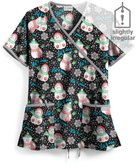 UA Let it Snowmen Black Printed Women's 2-Pocket Mock Wrap Scrub Top **Slightly IRREGULAR**