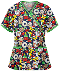 UA Best Buy Scrubs Christmas Cookies Navy Women's 2-Pocket Mock Wrap Print Top