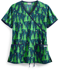 UA Winter Woodland Navy Women's 2-Pocket Mock Wrap Print Scrub Top