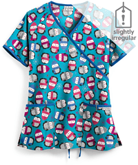 UA Winter Penguins Turquoise Women's 2-Pocket Mock Wrap Print Scrub Top **Slightly IRREGULAR**