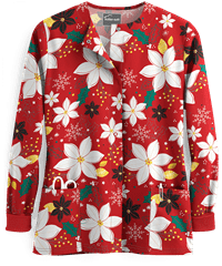 Butter-Soft Holiday Poinsettia Red Women's 2-Pocket Print Scrub Jacket
