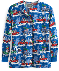 Butter-Soft Traveling with Santa Royal Women's 2-Pocket Print Scrub Jacket