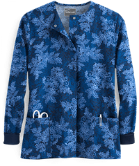 Butter-Soft Winter Holly Navy Women's 2-Pocket Print Scrub Jacket