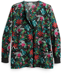 UA Poinsettia Garden Black Printed Women's 2-Pocket Snap Front Closure Scrub Jacket