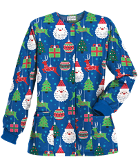 UA Holiday Ornaments Royal Women's 2-Pocket Knit Cuff Print Scrub Jacket