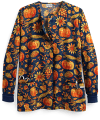UA Rustic Thanksgiving Navy Women's 2-Pocket Snap Front Closure Print Scrub Jacket