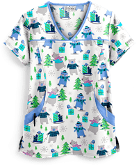 UA Beary Fun Winter White Printed Women's 4-Pocket Princess Seam Scrubs Top