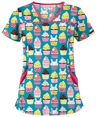 UA Easter Treats Turquoise Women's 4-Pocket Princess Seam Print Scrub Top