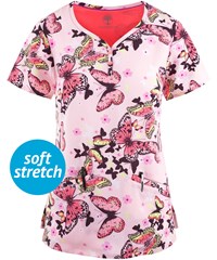 Healing Hands by Purple Label Isabel Butterfly's Journey Women's 2-Pocket Y-Neck Print Scrub Top 
