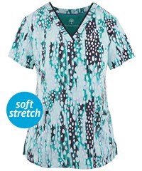 Healing Hands by Purple Label Amanda Crystal Droplets Women's 3-Pocket V-Neck Print Scrub Top