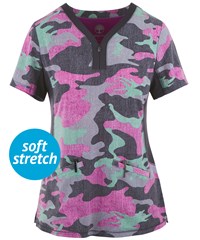 Healing Hands by Purple Label Jessi Camouflage Women's 2-Pocket Y-Neck Zip Print Scrub Top