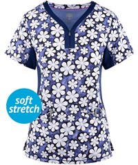 Healing Hands by Purple Label Jessi Just Daisies Yoga Women's 3-Pocket Zip Y Neck Print Scrub Top 