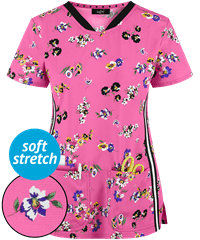 heartsoul Shaped Flowering Fields Women's 3-Pocket V-Neck Print Scrub Top