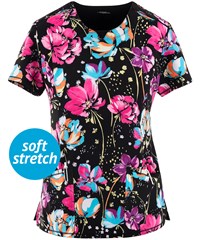 Cherokee Infinity Painted Petals Women's 3-Pocket STRETCH Notched Round Neck Print Scrub Top