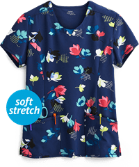 Cherokee Infinity Two Tone Tulip Women's 3-Pocket V-Neck Print Scrub Top