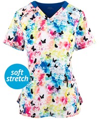 Cherokee Infinity Rainbow Flight Women's 2-Pocket STRETCH V-Neck Print Scrub Top 
