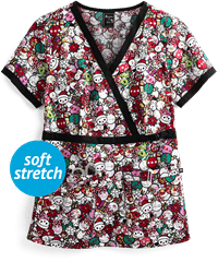 koi Tokidoki Holiday Unicorno STRETCH Luna Women's 2-Pocket Mock Wrap Print Scrub Top 