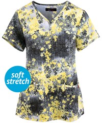 koi Lite Eve Sunny Flower Basket Women's 2-Pocket Y-Neck Print Scrub Top 