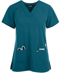 Style # K1019: CARIBKoi Next Gen Hustle and Heart Women's 3-Pocket V-Neck STRETCH Scrub Top