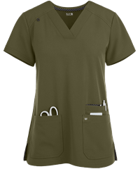 Style # K1019: OLIVEKoi Next Gen Hustle and Heart Women's 3-Pocket V-Neck STRETCH Scrub Top