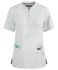 Style # K1023: WHITEkoi Basics Madison Women's 3-Pocket Zip Front STRETCH Scrub Top