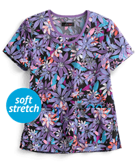 koi Lite™ Lola Summer Blooms Women's 2-Pocket Asymmetric Print Scrub Top