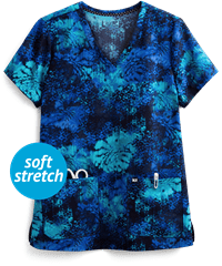 koi Next Gen Ikat Floral Early Energy Women's 2-Pocket V-Neck Print Scrub Top