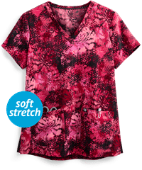 koi Next Gen Ikat Floral Rose Early Energy Women's 2-Pocket V-Neck Print Scrub Top