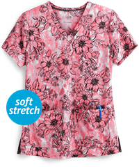 koi Next Gen Early Energy Watercolor Botanicals Women's 2-Pocket V-Neck Print Scrub Top