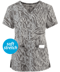 koi Next Gen Zebra Snake Burnout Charcoal Early Energy Women's 2-Pocket V-Neck Print Scrub Top