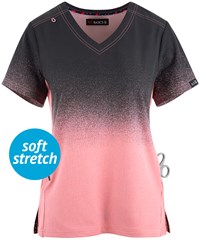 koi Basics Cali Charcoal/Heather Soft Pink Women's 2-Pocket V-Neck Print Scrub Top 