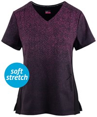 koi lite STRETCH Passion Herringbone Raspberry Ombre Women's 2-Pocket V-Neck Print Scrub Top