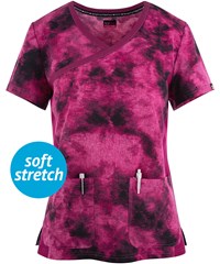 koi lite Stretch Raquel Heather Raspberry Tie Dye Women's 2-Pocket V-Neck Print Scrub Top
