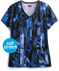koi Lite™ STRETCH Watermark Stripe Blues Women's 3-Pocket Mock Wrap Print Scrub Top