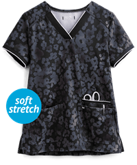 koi Next Gen Tonal Cheetah Charcoal Women's 3-Pocket V-Neck STRETCH Print Scrub Top