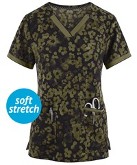 koi Next Gen Hustle and Heart Tonal Cheetah Olive Women's 3-Pocket V-Neck Print Scrub Top