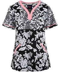 koi STRETCH Lennon Woodblack Floral Women's 4-Pocket Y-Neck Print Scrub Top
