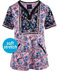 koi STRETCH Luisa Enchanted Garden Women's 4-Pocket Y-Neck Print Scrub Top 