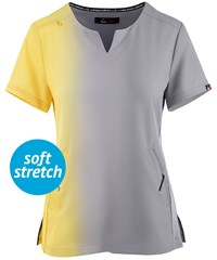 koi Lite Balance Sunshine/ Platinum Grey Vertical Ombre Women's 2 Pocket V-Neck Print Scrub Top 