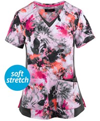 koi Lite Nadi Tie Dye Floral Pink Women's 4-Pocket V-Neck Print Scrub Top 