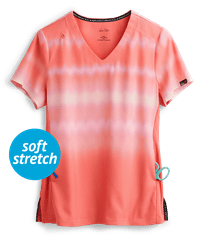 koi Lite™ Reform Wavy Ombre Coral/ More Pink Women's 2-Pocket V-Neck Print Scrub Top
