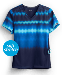 koi Lite™ Reform Wavy Ombre Blue Women's 2-Pocket V-Neck Print Scrub Top 