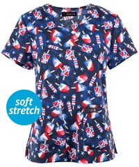 koi Basics American Pop Women's 2-pocket STRETCH V-Neck Print Scrub Top
