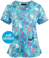 koi Basics Leslie Chicks and Bunnies Women's 2-Pocket V-Neck Print Scrub Top
