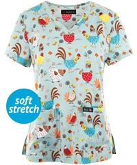 koi Basics Chicken With Glasses Women's 2-pocket STRETCH V-Neck Print Scrub Top