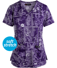 Koi Basics Denim Patch Women's 2-Pocket V-Neck Print Scrub Top