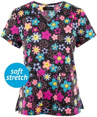 koi Basics Get Happy Women's 2-pocket STRETCH V-Neck Print Scrub Top